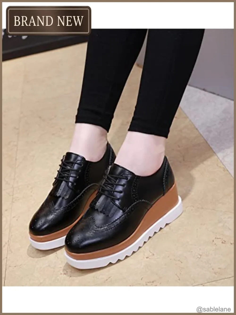 Women's Fashion Oxford Shoes Lace-up Platform Wedge Tassel Square-Toe